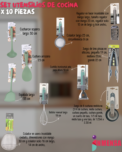 SET DE UTENSILIOS DE COCINA x10 PIEZAS – KIT COMPLETO EN SILICONA VERDE OLIVO Y EN ACERO
