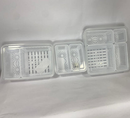 JUEGO ORGANIZADOR PARA NEVERA CON TAPA, DIVISIONES Y ESCURRIDOR x3