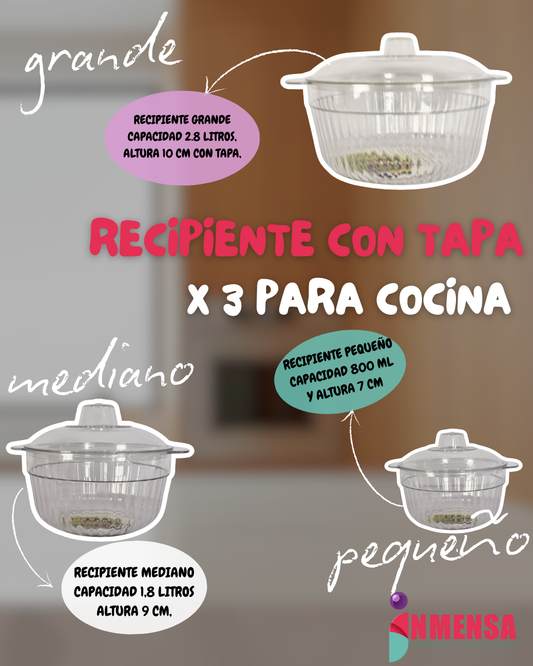 JUEGO DE RECIPIENTES REDONDOS CON TAPA x3